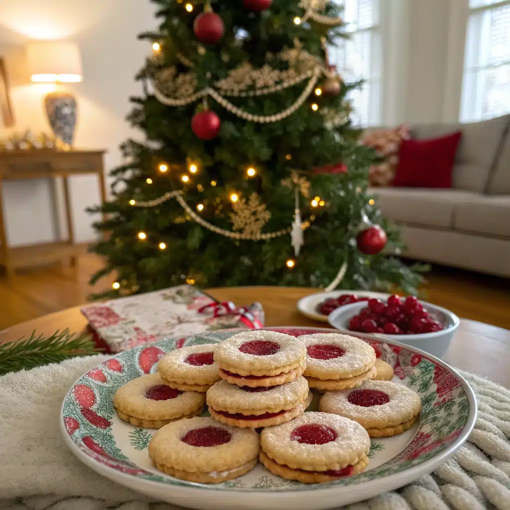 Christmas Tree Raspberry Linzer Cookies