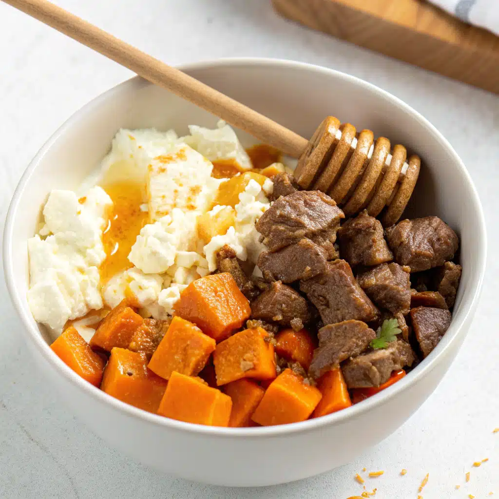 Hot Honey Cottage Cheese Sweet Potato Beef Bowl 1 Hot Honey Cottage Cheese Sweet Potato Beef Bowl