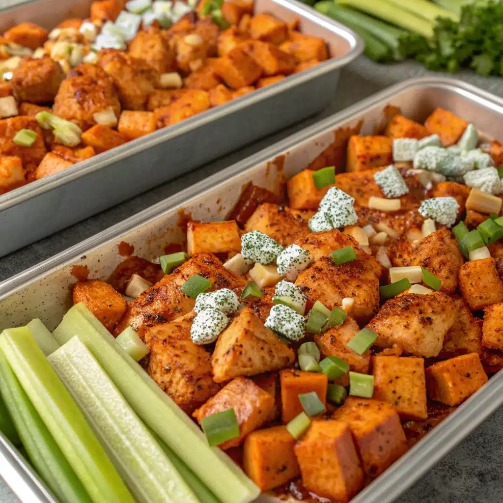Sheet Pan Buffalo Chicken and Sweet Potato Bowls