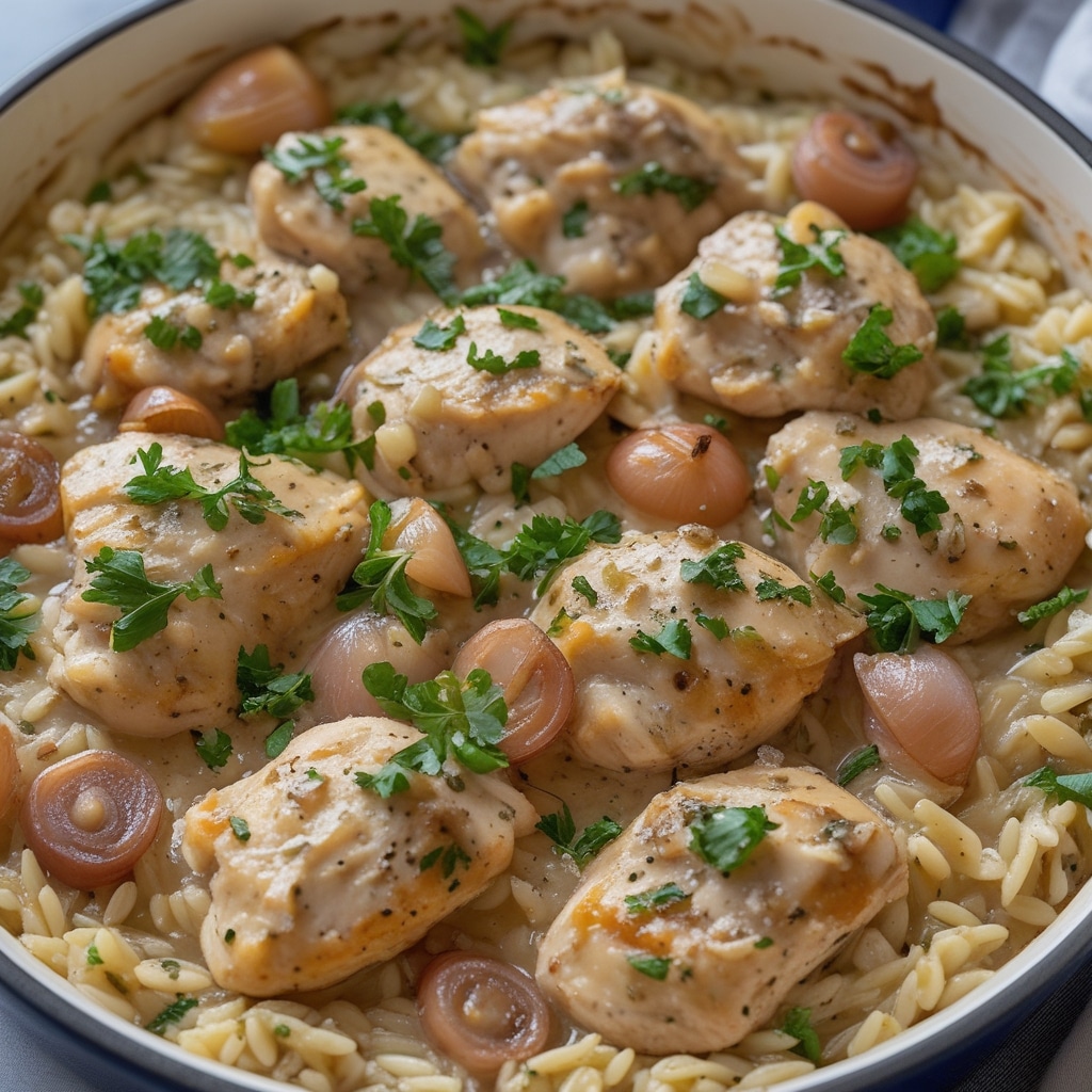 French Onion Chicken Orzo Casserole
