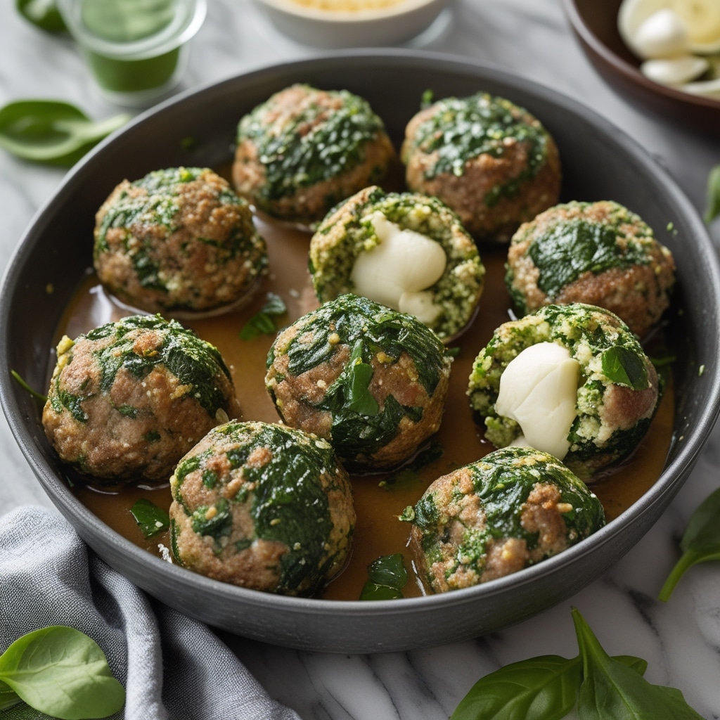 Spinach Garlic Meatballs Stuffed with Mozzarella