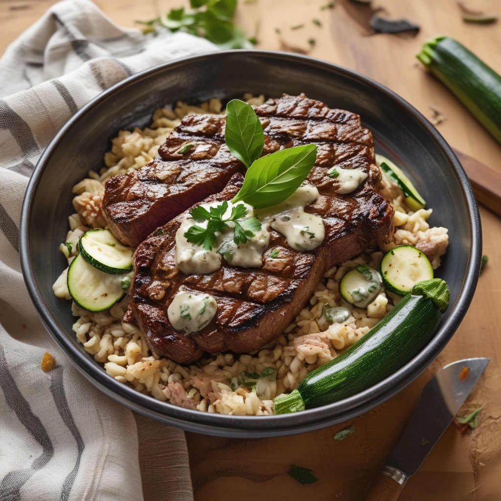 Grilled Steak Bowl with Creamy Sauce and Zucchini