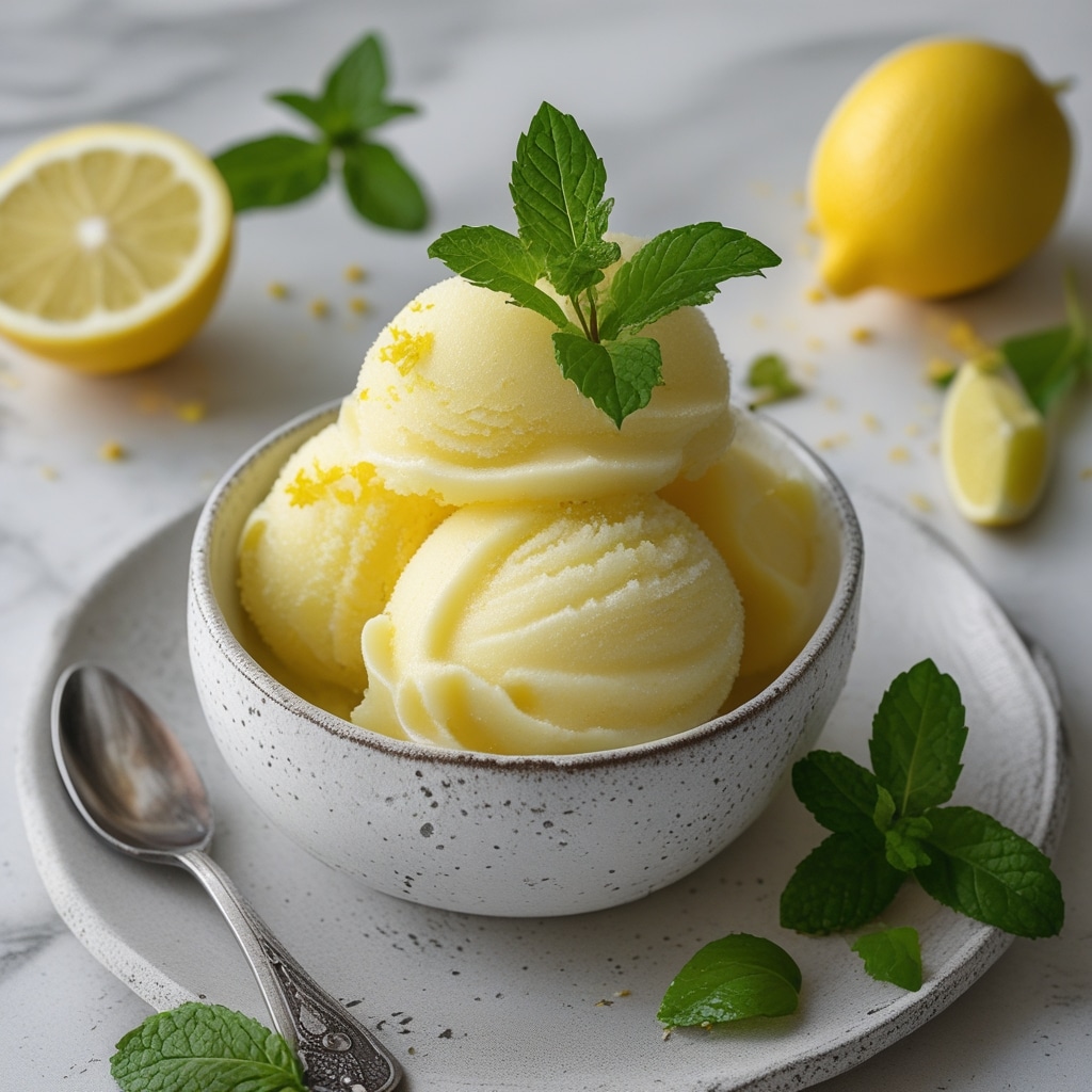 Zesty Lemon Sorbet with Fresh Mint 1 Zesty Lemon Sorbet with Fresh Mint