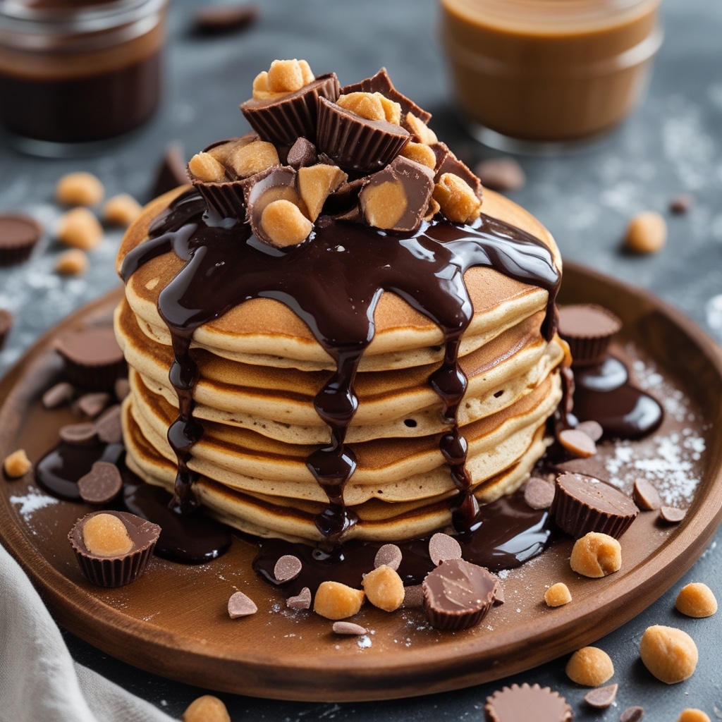 Peanut Butter Cup Pancakes with Chocolate Sauce