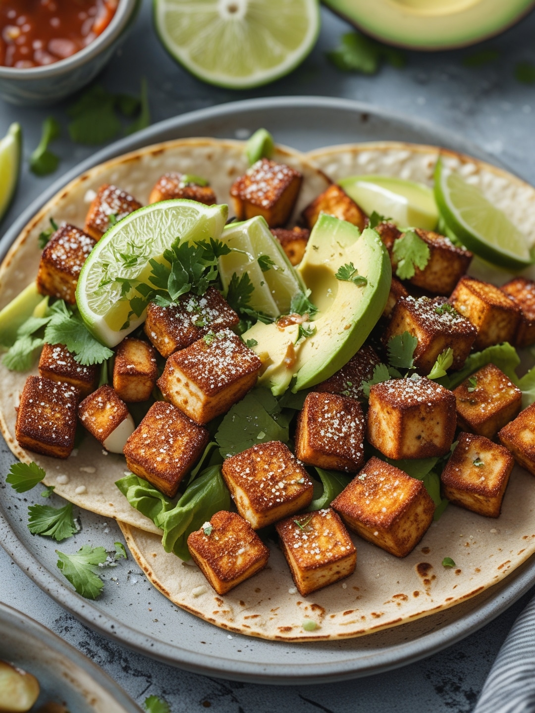 Crispy Tofu Tacos with Avocado and Lime 1 Crispy Tofu Tacos with Avocado and Lime