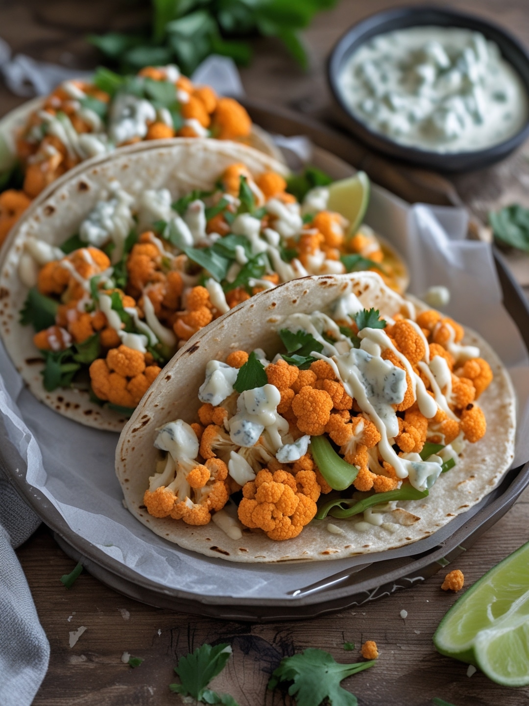 Buffalo Cauliflower Tacos with Blue Cheese Dressing 1 Buffalo Cauliflower Tacos with Blue Cheese Dressing
