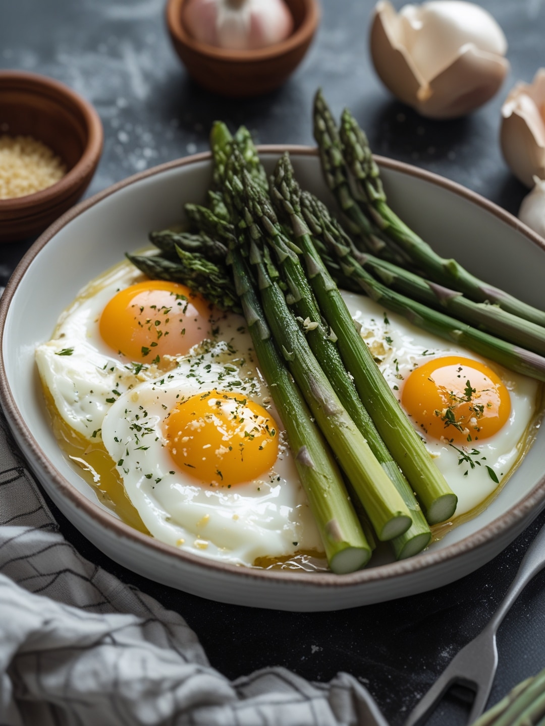 Garlic Butter Baked Eggs with Asparagus