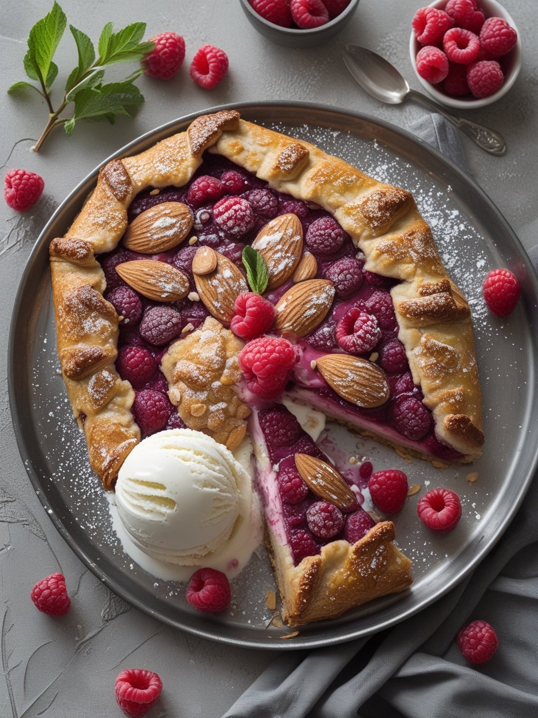 Raspberry-Almond Galette with Vanilla Ice Cream