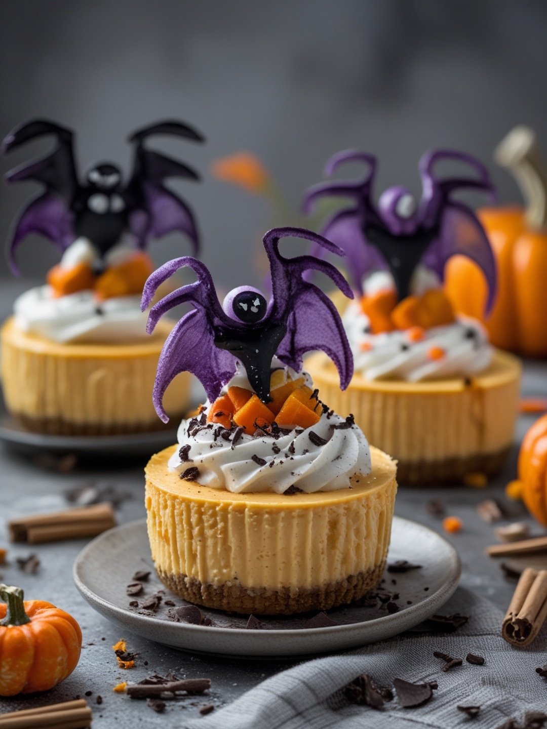 Mini Pumpkin Cheesecakes with Spooky Toppers