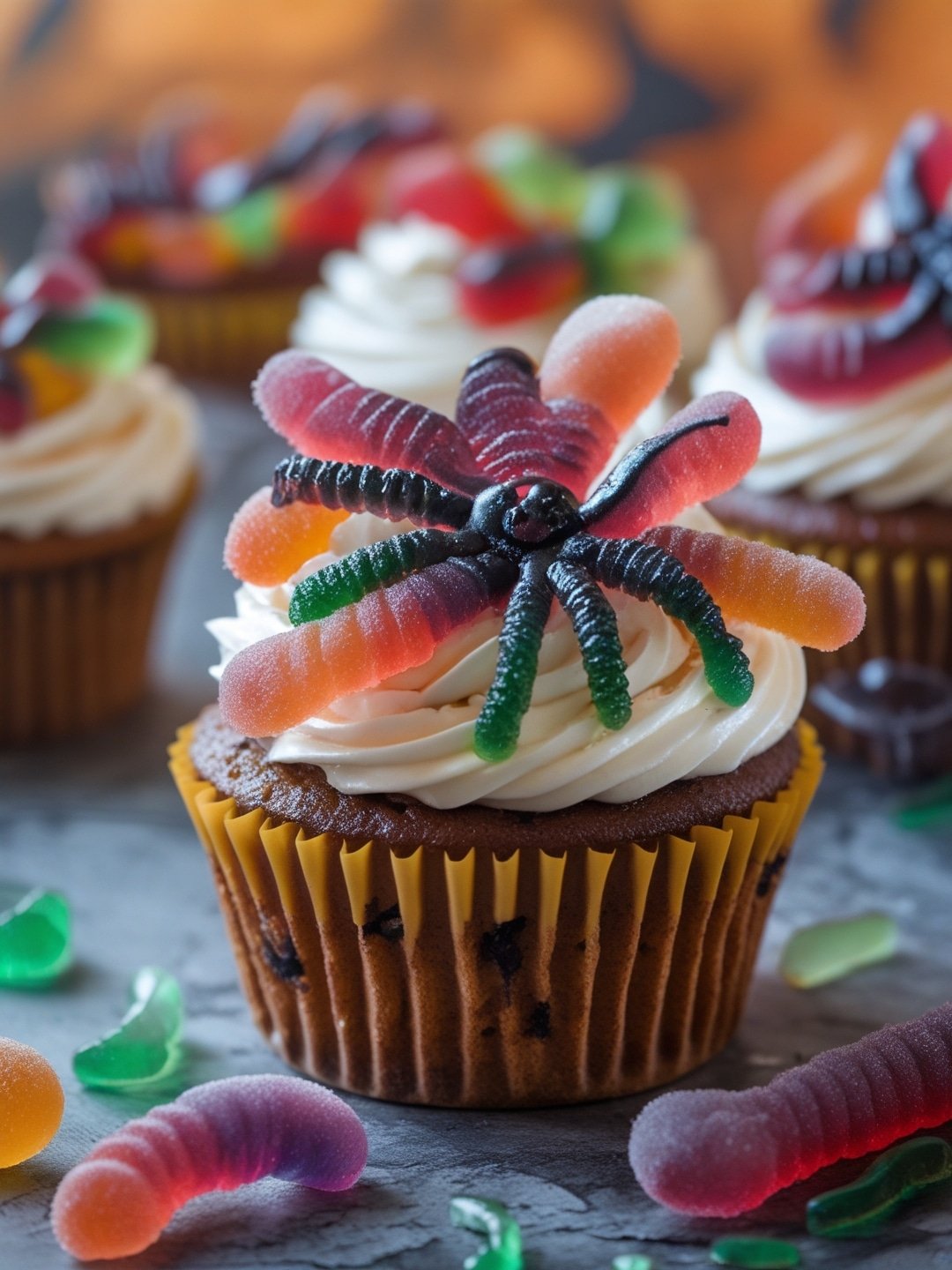 Creepy Crawler Gummy Worm Cupcakes