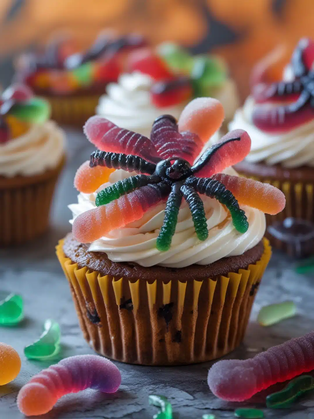 Creepy Crawler Gummy Worm Cupcakes