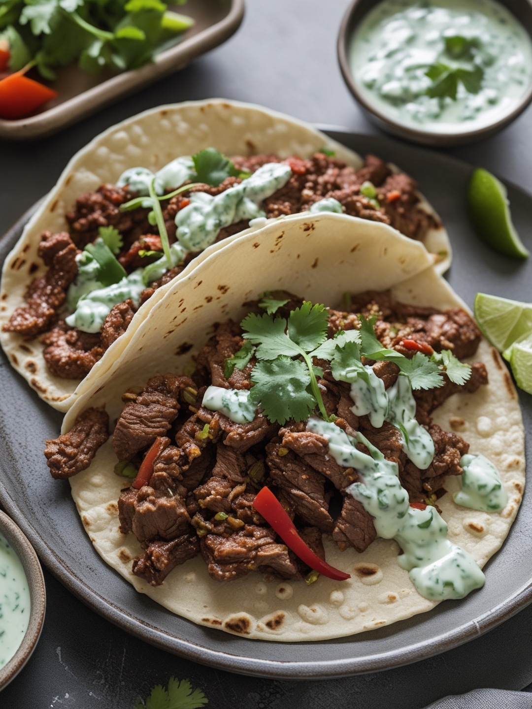 Spicy Beef Tacos with Creamy Cilantro Sauce
