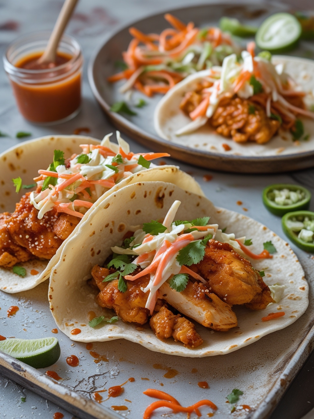 Sriracha Chicken Tacos with Creamy Slaw: Spicy and Cool